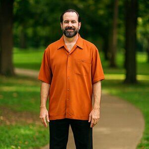 Indigo Palms Shirt Men XL Grid Polyhosic Rayon Camp Short Sleeve Button Down VTG